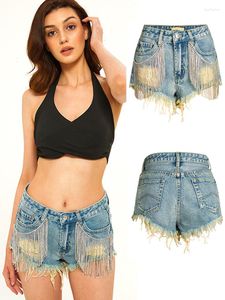 Women's Shorts Luxury Rhinestone Sequined Tassel Denim Women 2023 Summer Fashion Low Waist Blue Jeans Short Pants Female Pockets Hole