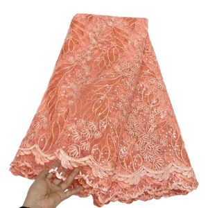 KY-6037 Bridesmaids French Spangle Lace Fabric Embroidery Pattern Design Latest 5 Yards Glisten Exquisite Pattern Bridal Wedding Dress Ladies Banquet Party Peach