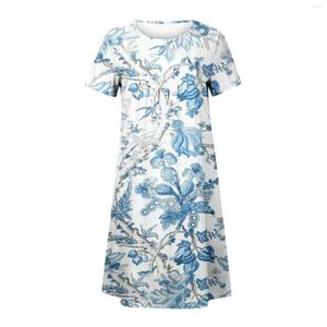 Casual Dresses Wedge Dress Booties for Women Loose Crew Neck Bohemian Floral Standed Shirt Summer med ärmar