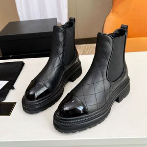 Клетчатая кожаная лодыжка сапоги chelsea boots Slip на круглой плоской платформе Half Boots Luxury Designer High Top Women's Chunky Heel Boots