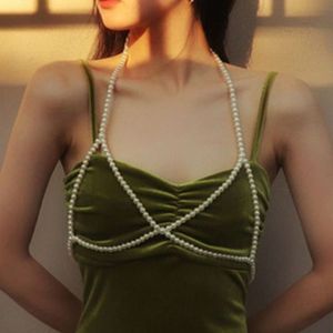 Navel Bell Button Rings INS Handmade Imitation Pearls Bow Tie Sexy Body Necklace Chest Chain Body Jewlery for Women Luxury Pearls Top Bra Breast Chain 230717