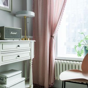 Cortina estilo japonês borla branca vermelha cortinas de tecido xadrez para sala de estar janela decoração de casa cortinas acabadas