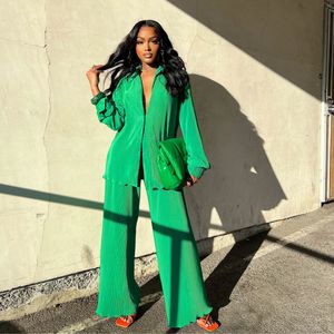 Green Two Piece Set Elegant Outfits Women Casual Lapel Neck Shirt and Wide Leg Pants Sets Free Ship