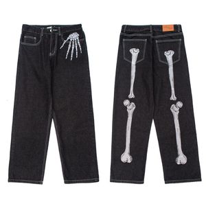 Men's Jeans Retro Mens Skull Hand Bone Embroidery Fashion Pants Personality Baggy Straight Casual Oversize Denin Trousers 230718