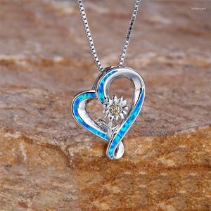 Pendant Necklaces Classic Sunflower Necklace White Blue Opal Love Heart For Women Silver Color Chain Flower Jewelry Wedding Gift