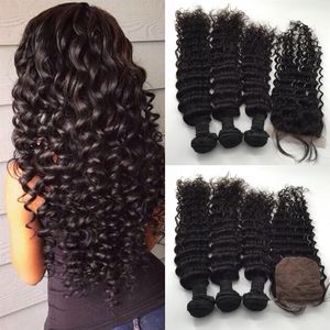 Malaysiska våta och vågiga hår Silkbasstängning med buntar obearbetat 8a Human Hair Weaves Virgin Hair Deep Wave With Silk Top CL2430