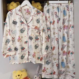 Women's Sleepwear Sexy Cartoon Silk Pajamas Two Piece Set Summer Party Suit Satin Nightwear Casual Wear Cardigan Long Sleeve Loungewear