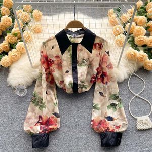 Kvinnors blusar Fashion Print Shirt eller Women Långärmning Slå ner krage koreanska blus Laides vintage -knapp upp avslappnad topp