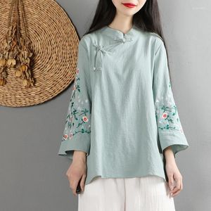 Ethnische Kleidung 2023 Chinesische Vintage-Stil Retro Frauen Baumwolle Leinen Top Zarte Stickerei Hemd Zen Art Hanfu Bluse