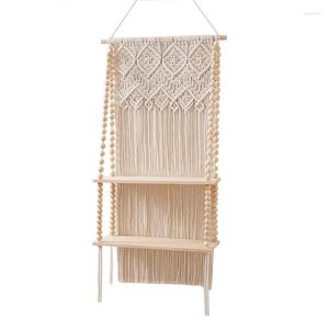 Tapestries Hand-Woven Macrame Hanging Planter Basket Wooden Shelves Bohemian Style 2 Layers Rack Wall Tapestry Home Room Decor