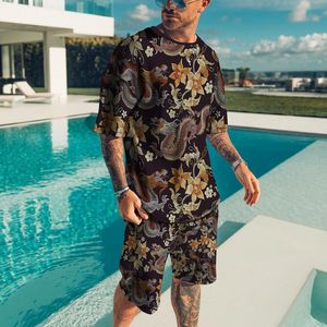 Herrspårar män outfit sommar kort ärm kinesisk drake t shirt set mode 2 bit streetwear 3d tryckt sport strand shorts sportkläder 230717