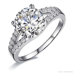 Inteiro - Anel de diamante sintético SONA 2Ct para mulheres Alianças de casamento Anel de noivado Prata banhado a ouro branco adorável promessa Prong 274b