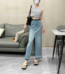 Skirts designer high-quality film triangle logo belt back pocket color matching large split design women's Denim skirt 4283