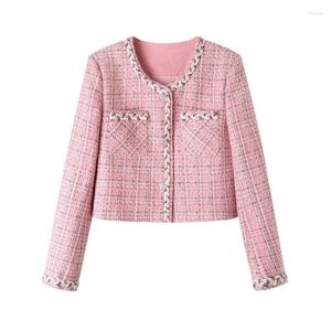 レディースジャケットピンクの格子縞のツイードコートアウトウェア2023春秋エレガント長袖シングル胸を着るワークオーバーコートレディースジャケット