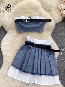 Two Piece Dress SINGREINY Fashion American Retro Y2K Sexy Denim Suit Strapless Mini Top Pleated Skirt Vintage Beach Pieces Set 230718