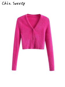 Frauenpullover sexy Pink Pink Crop Cardigan Pullover Frauen gegen Nacken Langarm Pullover Pullover weiblich Mode Slim Solid Club Party Kurzkleidung L230718