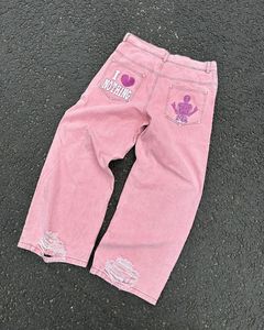 Women s Jeans Retro Y2K Harajuku Pink Skull Embroidery Baggy Black Pants Men s Punk Rock Hip Hop Gothic Wide Leg 230718