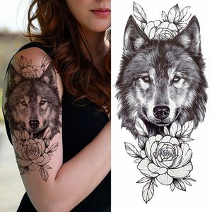 1pc Wolf Flower Rose Bouquet Camelia Women Lady Tatuaggi temporanei impermeabili Adesivi finti Braccio Avambraccio Cool Art Sexy Black