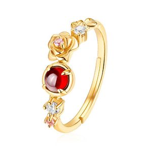 4mm Natural Garnet Stone Rose Flower Ring 0 3 Micron 9K Gold Plated Real 925 Sterling Silver Women Jewelry for Gift280g