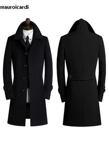 Herr ullblandningar Mauroicardi Autumn Winter Long SMART FALLTED VARM Black Blue Woolen Coat Men Single Breasted Luxury Wool Blends Overcoat HKD230718