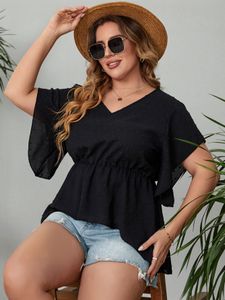 Kvinnors plus storlek t-shirt stor plus storlek 4xl peplum toppar kvinnor sommar rufs är ärm v hals casual eleganta blusar svarta överdimensionerade damer t-shirt 230719