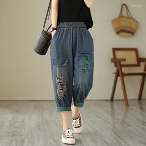 Kvinnors jeans 2023 Ankomst Summer Korean Style Women Hole Design Cotton Denim Ankle-Length Pants Elastic Waist Mid Harem V530