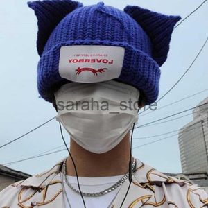 Beanie/Skull Caps Cute Fashion Hooded Cap Loverboy Cat Ear Knit Hat Double-layer Warm Pig Ear Woolen Hat Niche Design Hip-hop Personality Cold Hat J230719