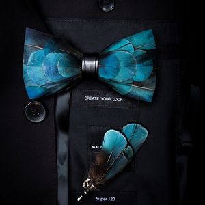 Bow Ties Jemygins Oryginalny projekt Naturalny pióra Brid Znakomite ręcznie wykonane ręczne krawat broszka pudełko prezentowe dla mężczyzn przyjęcie weselne Bowtie 230718