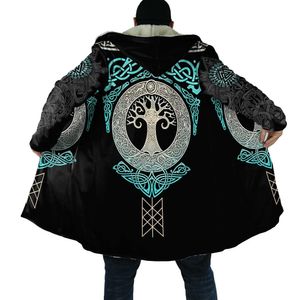 Męskie mieszanki wełny zimowe Męskie Zapęty Złaszek Tree Of Life Tattoo 3D Print Gruby polarny wiatr Breaker Unisex Casual Warm Hood Cloak DP01 HKD230718