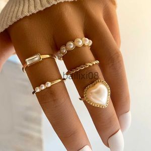 Bandringar Pearl Heart Rings Set Gold Color Hollow Rings for Women Metal Fashion Trendy Jewelry Hand Cessories J230719