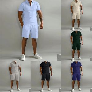 Tute da uomo Estate Abiti casual Cerniera Risvolto Manica corta POLO Camicia Elegante tinta unita Pantaloncini 2 pezzi Set 230718