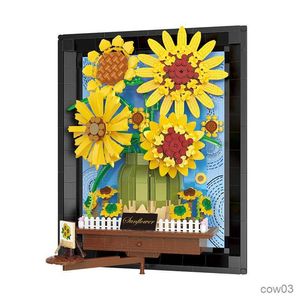 Blocks City Creative 3D Three-dimensional Sunflower Frame Office Home Decoration Micro Building Blocks Toys Christmas Gifts R230720