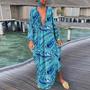 Casual Dresses Women Vintage Maxi Summer Deep V-ringen långärmad boho tryck kvinnlig strand täcker elegant mantel