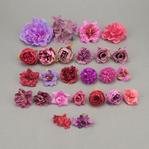 Decorative Flowers 25/Pack Purple Artificial Silk Flower Heads Combo Set Bulk DIY Craft Fake Rose Red Peony For Hairclip Decor