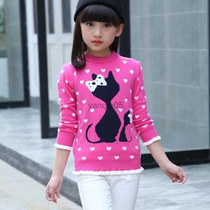Pullover Casual Girl Sweaters Baby Kids Long Sleeve Wool O-Neck Animal Cat Pattern Spring Autumn Winter Sweater Girl Clothes 2 Colors HKD230719
