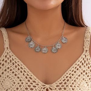 Pendant Necklaces PuRui Vintage Silver Color Patterned Disc Necklace Women Choker Thin Neck Chain Jewelry Collar Party Street