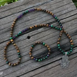 Halskette Ohrringe Set 8mm Natürliche Perlen Tigerauge Amethyst JapaMala Sets Yoga Spiritueller Schmuck Gebet Mala Meditation 108