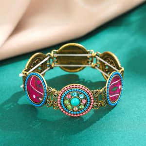 Vintage Round Style with Colorful Rhinestone Elastic Band Bracelet Hollow Acrylic Bangle for Women Men Jewelry198l