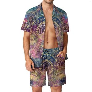 Herren-Trainingsanzüge, Retro-Blumendruck, Herren-Sets, goldenes Mandala, lässige Shorts, Sommermode, Urlaub, Hemd-Set, Kurzarm, individueller Übergröße-Anzug