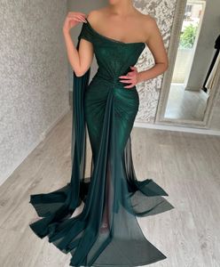 Elegant Hunter Green Sheath Evening Dresses for Women One Shoulder Chiffon Tulle Sweep Train Formal Occasions Birthday Celebrity Pageant Party Prom Gowns