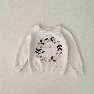 Pullover Herbst Junge Mädchen Baby Gestrickte Pullover Hemd Kinder Stricken Stickerei Blume Pullover Kind Baumwolle Strickanzug Infant Casual Tops HKD230719