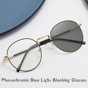 Solglasögon Pochromic Mens Blue Light Blocking Glass Retro UV400 Anti Glare rund färgbyte datorskärmar GAFAS