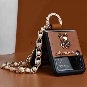 Mobiltelefonfodral koreanska pärlarmband Rhinestone Bow Bear Brown Ring Case för Samsung Galaxy Z Flip 3 5G Z Flip3 ZFLIP3 Flip4 ZFLIP4 Cover J230719