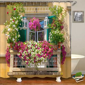 Doccia Decorazione del bagno Tenda da doccia impermeabile Poliestere Decorazione della casa Tenda 3D Street Window Flower Landscape Bagno stampato