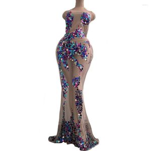 Stage Wear Summer Nightclub Mesh Dress See Through Paillettes Women Prom Party Celebrate Long Tail Evening Bodycon Dresses