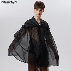 Männer Trainingsanzüge INCERUN Mode Männer Hemd Mantel Mesh Gestreiften Patchwork Lose Knopf Revers Rüschen Party Ponchos 2023 Streetwear Männliche Hemden S 5XL 230718