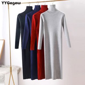 Casual Dresses Autumn Winter Women Basic Sweater Dress Turtleneck Knit Sexy Bodycon Long Sleeve Female Office Warm Maxi Red