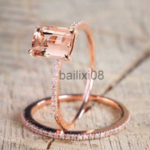 Band Rings Elegant Luxury Rose Gold Colors Rings for Women Trendy Metal Inlaid Champagne Stone Wedding Ring Set Engagement Jewelry J230719