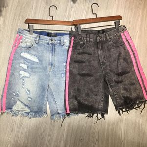 Luxurys Designer Mens Short Jeans Summer Classic Pink Stripe Am-Jeans Tryck Fluorescerande denim Fashion Hole Tear Design Top Qual220L