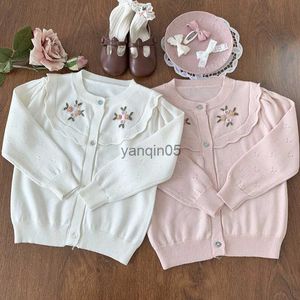 Pullover 1-7Yrs Kids Sweater Fashion Petals Collar Knitted Cardigan Jacket Baby Sweater Coat Girls Cardigan Girls Embroidery Sweaters HKD230719